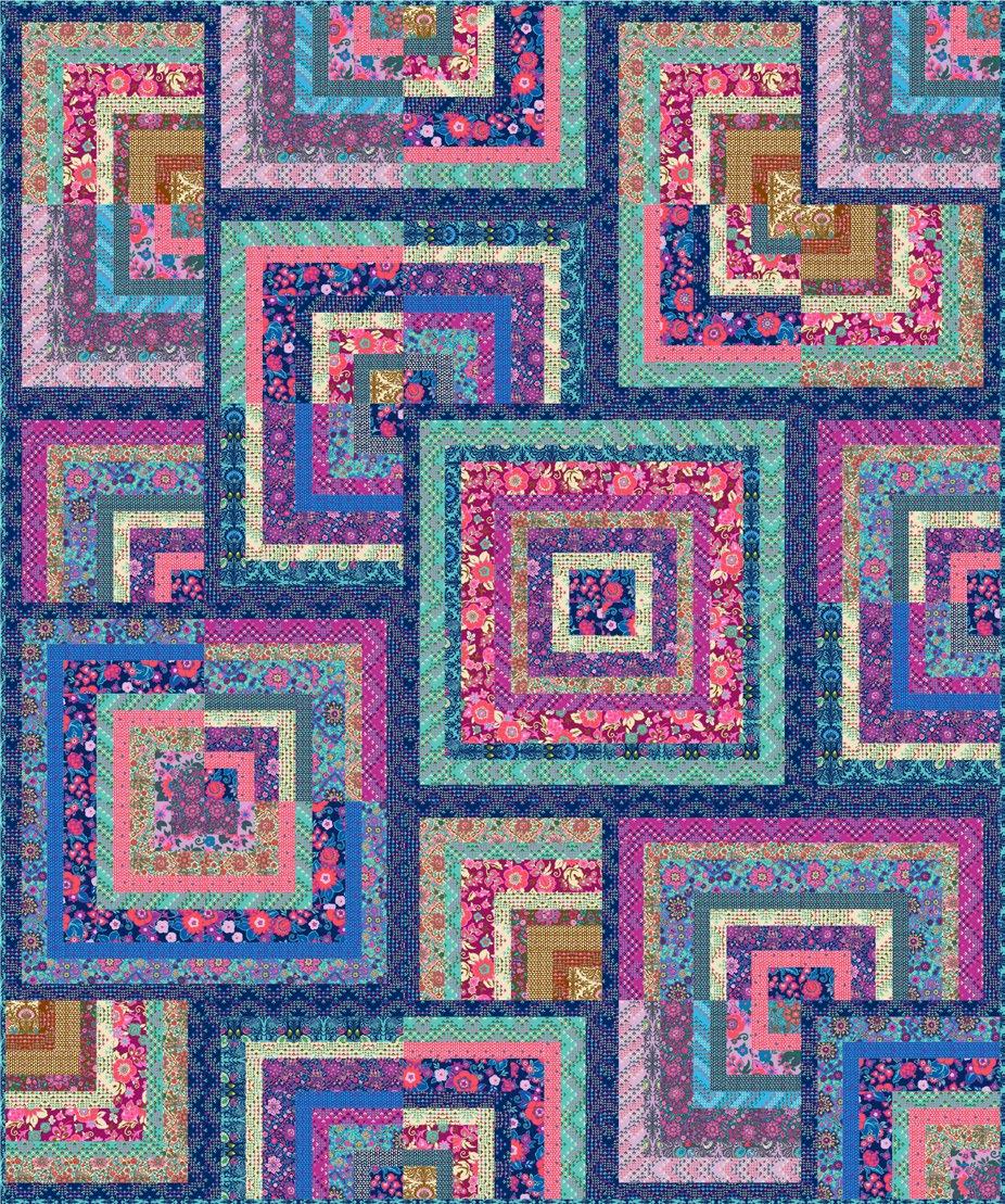 Featuring Soul Mate by my utler n eclectic mix of log cabin blocks creates a bright fun maze of colorful intersections.