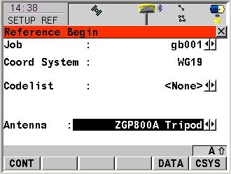 (3) Base Station Setup From the Main menu go into 1 Programs > 2 Setup Reference. This is a step-bystep wizard to configure your base station. Select your job and select the correct antenna type.