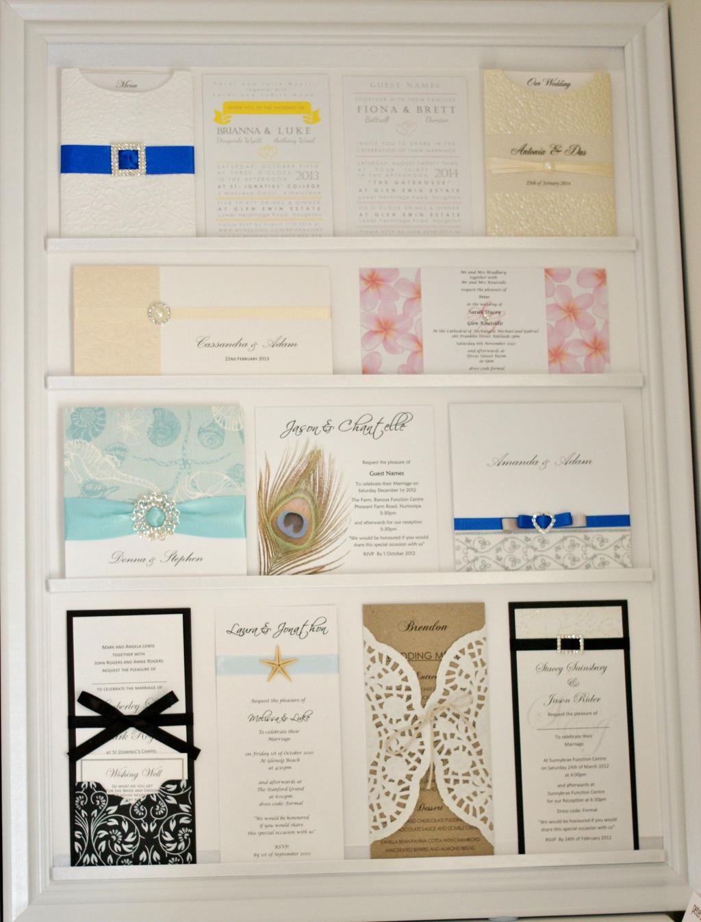 Frame 2 ~ Client Designs Row 1: C6 Designs White Rose Pocket - with wide ribbon & Large Double Square buckle Printed Flat Invitation - with colour text and images Printed Flat Invitation - with