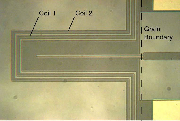 Figure 3-8 Photograph of the Mr. SQUID chip showing the two feedback coils. Coil 1 is the external coil, coil 2 is the internal coil. See Sec. 9.2 for Mr. SQUID specifications.