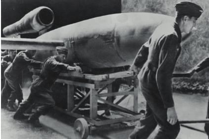 The V-1 (known as buzz bomb or doodlebug) and V-2 Rockets were flying bombs. The rockets were filled with lots of explosives and could be fired from long distances to reach a target.