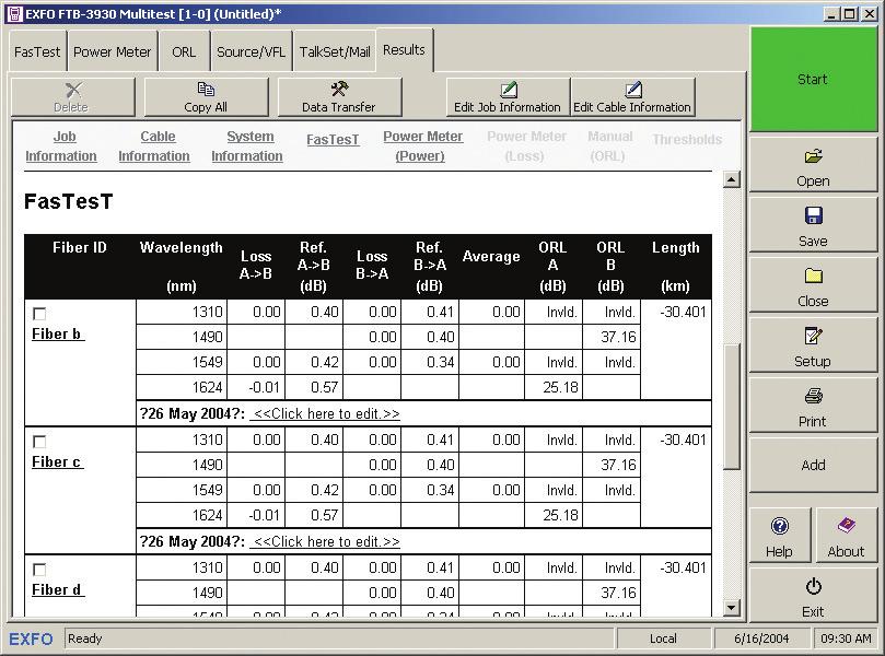 When used in the FTB-400 platform, the FTB-3930 s software automatically sets up test data in an easy-to-read, well-organized table.