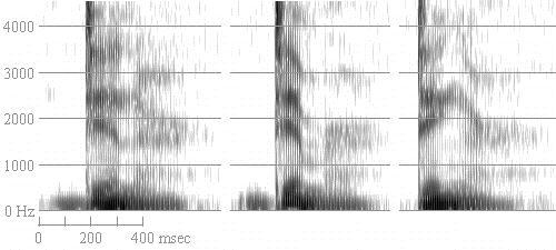 Nasal stops Spectrograms of dinner dimmer dinger Marked by zeroes or formant regions with little energy Can also result