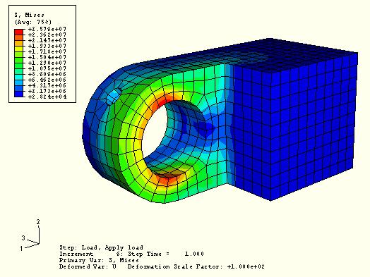 Figure C 54 Use display groups to view a contour plot of the von Mises stress in the hinge piece with the lubrication hole. 3. Use the view manipulation tools to view the hinge at different angles.