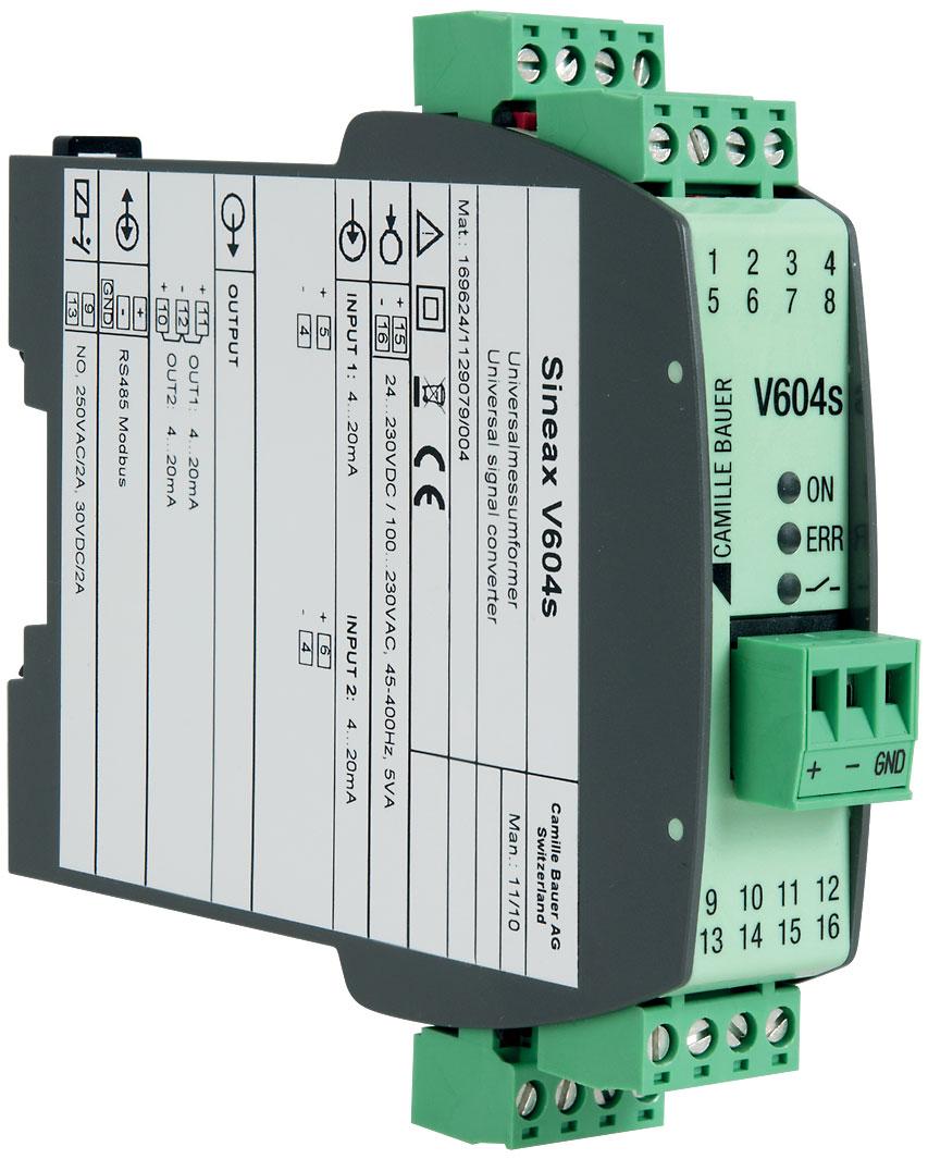 SINAX V60s for direct currents, direct voltages, temperature sensors, teletransmitters or potentiometers SINAX V60s is a multifunctional transmitter for tophat rail assembly with the following main