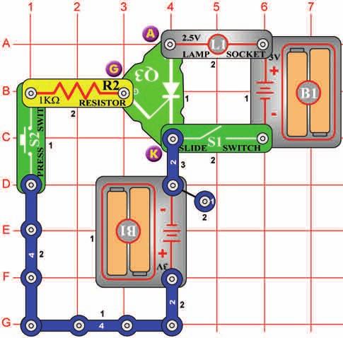 Project #318 SCR 2.5V Bulb OBJECTIVE: To learn the principle of an SCR. This circuit demonstrates the principle of the SCR (Q3).