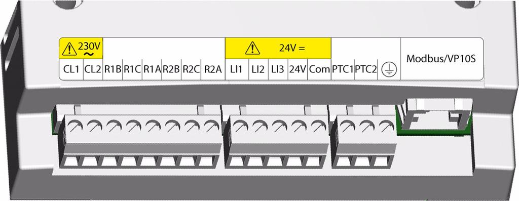 Wiring - control terminals Electrical characteristics for ATS22 S6 and ATS22 Q ranges (230 Vac with 24 Vdc logic input) Terminal Function Characteristics CL1 230 Vac +10% ATS22 control power supply