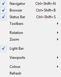 3.3. View Menu The View menu handles display control operations. Navigator as in ModelIT. Browser as in ModelIT. Status Bar as in ModelIT. Toolbars - allows you to select which toolbars are displayed.