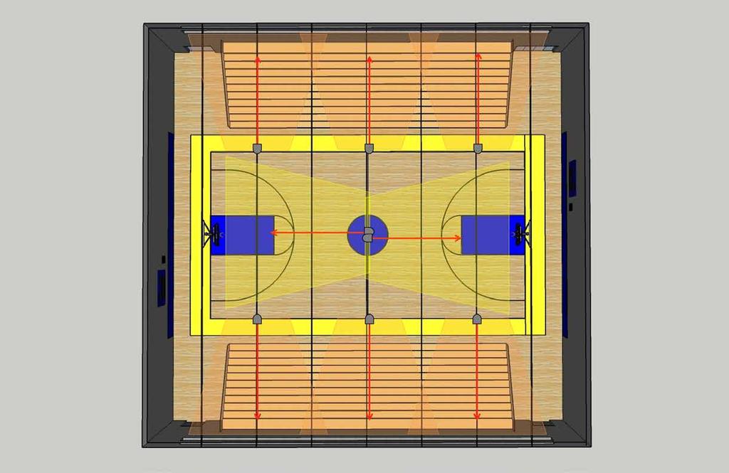 Basketball Court 'General Coverage' A typical 120-foot by 100-foot gymnasium with a 28-foot height to the low steel (bottom of trusses). The bleachers are up to 14 feet tall.