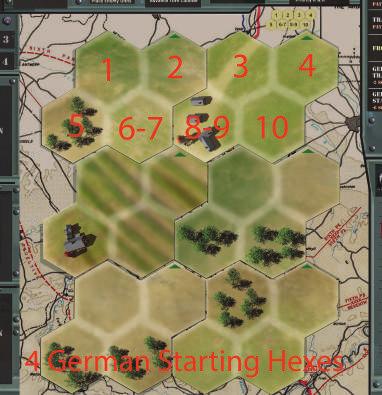 This graphic shows the 8 Enemy starting hexes at the top of the map, as well as the 4 German starting hexes at the bottom of the map.
