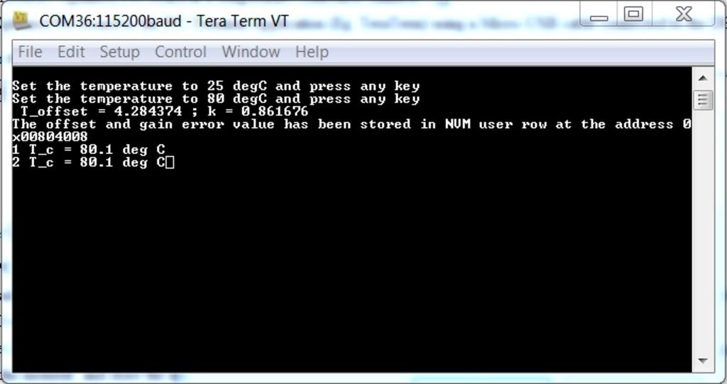 The example PC-terminal window showing the message logs can be found below. In the terminal window, T_c corresponds to the measured temperature value after compensations (in C).