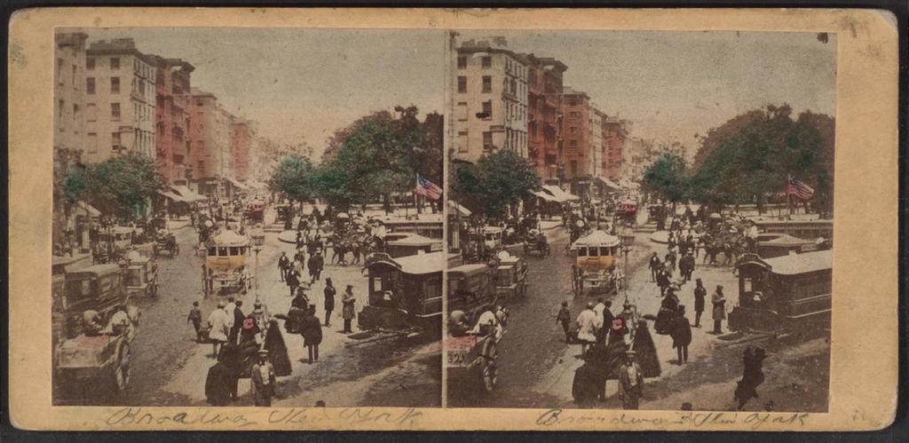 4 stereoscopic effect, but this fact did not deter some consumers from coloring their own images after purchase, as was likely the case in Broadway from Barnum s Museum Looking North (FIG. 2).