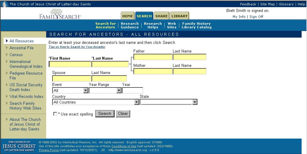 Available databases: Ancestral File Pedigree Resource File Int l
