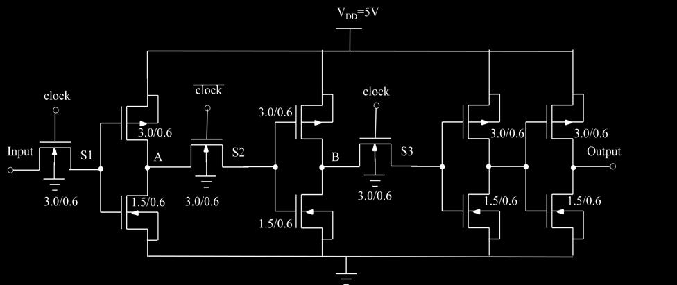 oversampling clock time period is as shown in Figure 4.18. Figure 4.18: Transistor level schematic for achieving a delay by two clock cycles.