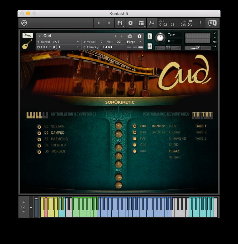 INTERFACE The GUI for Oud consists of several sections to select multi-sampled articulations, improvisations