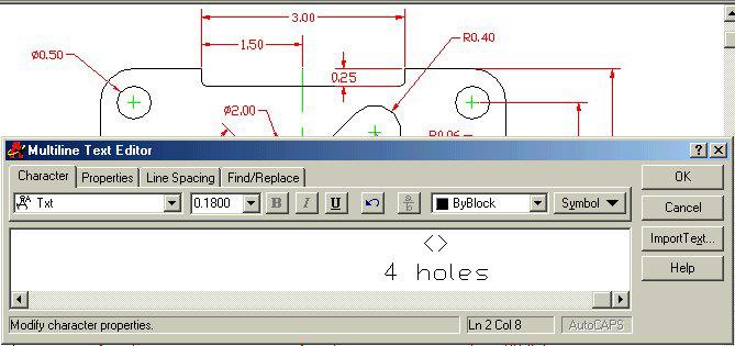 50 dimension stating that this description applies to 4 holes, select the Edit Text tool on the Modify II toolbar.