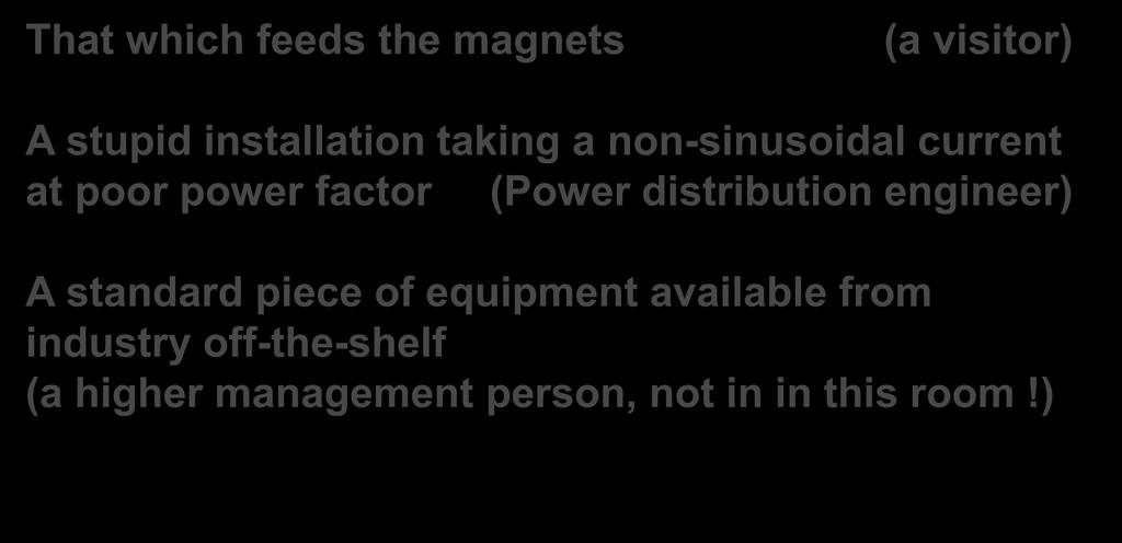 Power converters : Definitions (cont d) That which feeds the magnets (a visitor) A stupid installation taking a non-sinusoidal current at poor power