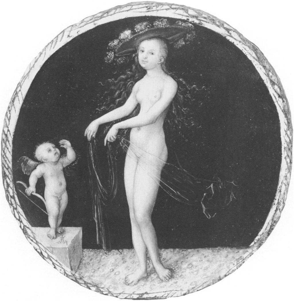 more painful than bee stings. The stark black background and the strange, pebbly terrain on which Venus stands are often the setting for Cranach's great Mannerist paintings of nudes.