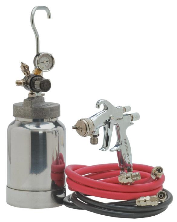 available in pressure feed and gravity feed versions Air inlet control (feathering) valve included Adjustable spray pattern