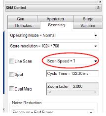 The lower the scan speed number, the faster the electron beam is scanned across the specimen. If the image displayed is noisy then change the Scan Speed to 2 or 3 but no higher than 3.