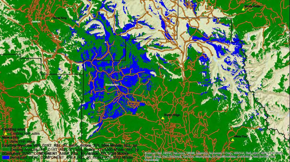 Predicted Vehicle VHF Coverage Map Bondurant Area - Sublette