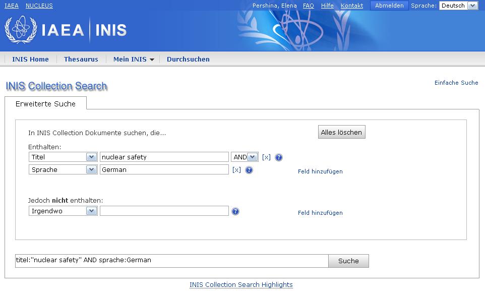 Multilingual user interface: INIS Collection Search.