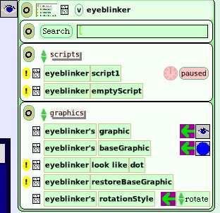 Open a viewer pane of scripts for the spot of color and name it what it will become; eyeblinker is this example.