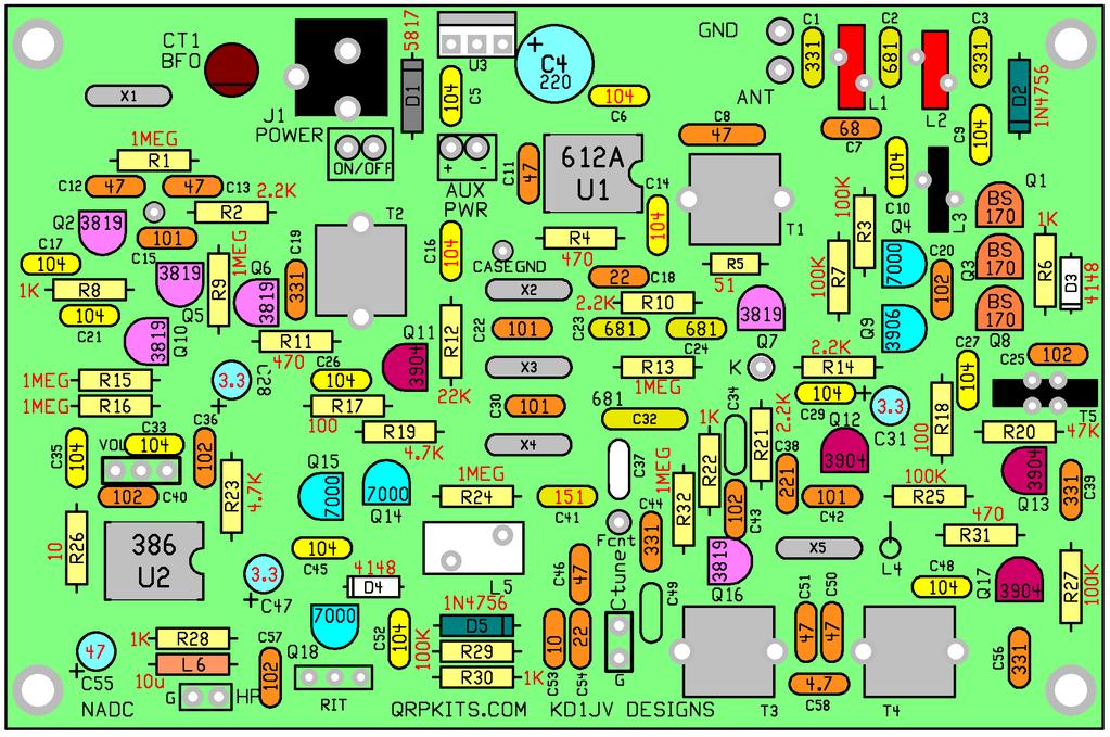 Parts layout diagram This color coded parts placement diagram with part values indicated will be used for locating the parts on the board and should be printed out for easy reference while building.