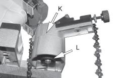 Rotate the chain holder assembly (J) to the required angle. Most chainsaw chains have a cutting tooth angle of 15 or 30. Check the chain packaging for infomation. Fig 8 2.