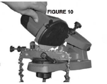 Plug in the Power Cord(#3) and push the green button on the Switch Plate(#5)to turn on the machine. 3.Slowly lower the grinding wheel as shown in FIGURE10.