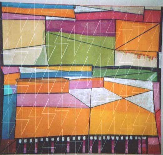 The second and third layer of this painting consists of diagonal rows of triangles which appear through the