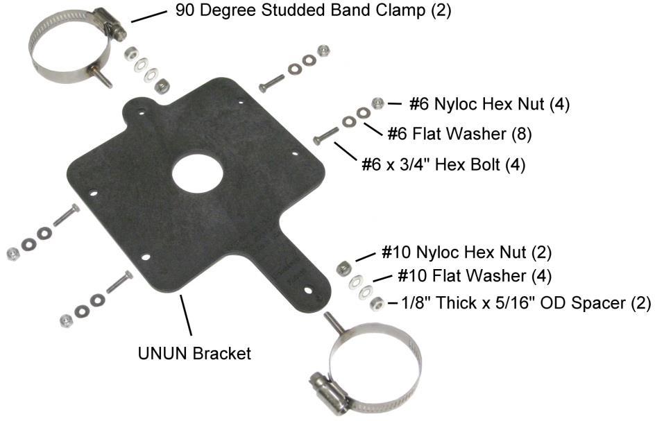 Installing the UNUN When used with the optional DXE-UN-BRKT, the UNUN may be attached to the 2" OD base section of any non-resonant 43 foot tall vertical antenna system, including your own home-brew