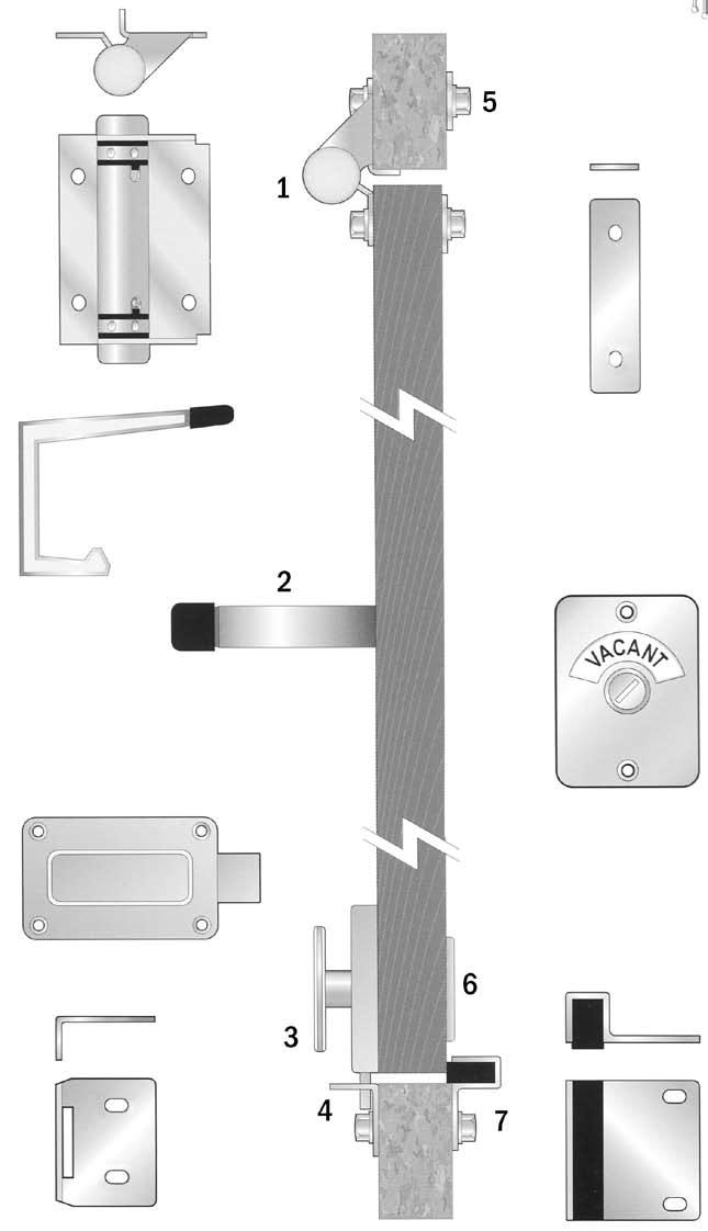 SHOPFITTING PRODUCTS BATHROOM PARTITIONING Series Satin Stainless Steel 1 set 9000 1 Spring Hinge Material: 30 Grade Stainless Steel Finish: Brush Satin Coat Hook Material: Diecast Zinc Finish: