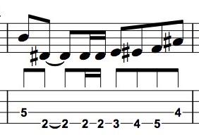 Beat 1-2-3-4 starts out with the Root (D) followed by the 3rd degree (F#). From the F# the line is all about targeting the 5th degree (A) on the downbeat of Beat 4.