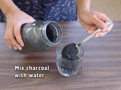 vomiting, simply: Mix 1 to 2 large spoonfuls of charcoal powder with a small