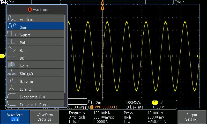 The integrated function generator provides output of predefined waveforms up to 50 MHz for sine, square, pulse, ramp/triangle, DC, noise, sin(x)/x (Sinc), Gaussian, Lorentz, exponential rise/fall,