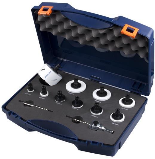 This hole saws are a 100% German Quality product. 387350 Hole saw set Quick-change 13 pieces Electrician set BiM hex. In plastic carry case Saw diameters 22, 27, 32, 35, 38, 44, 51, 60, 68 and 76mm.