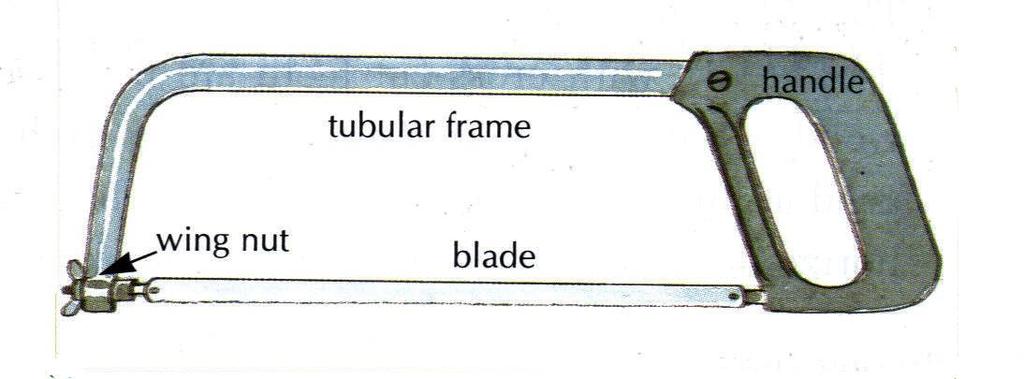 Hacksaw Used to cut both metals and plastics Frame is adjustable to take different