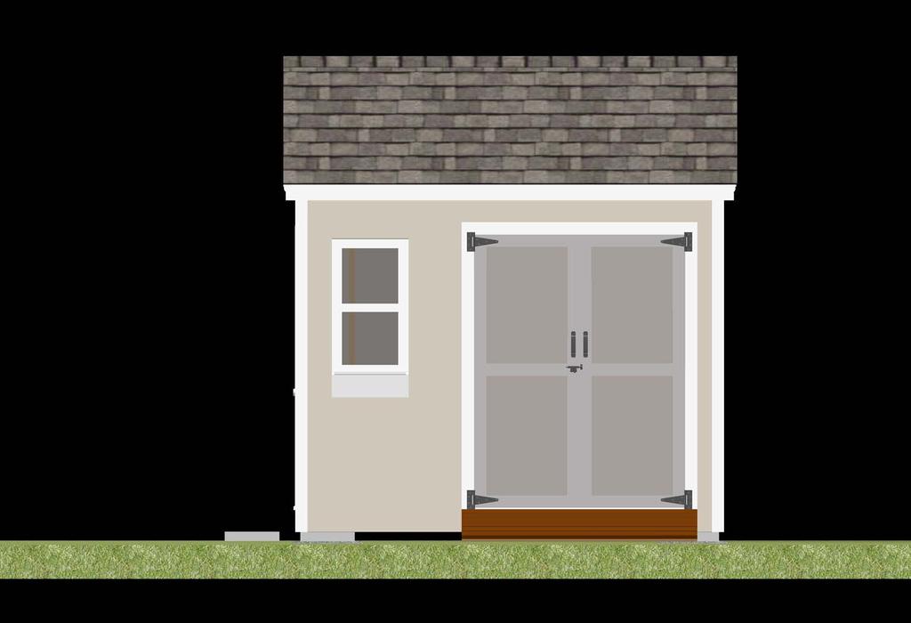 Front Elevation Designed with a cottage look, this small shed has clapboard siding on the front, a double door, a ramp to allow access for motorized yard equipment, a