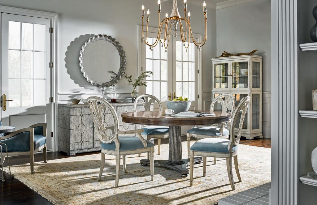 Pacifica 60" Round Table 1790-810T/1792-810B 60w x 60d x 30h Montecito Side Chair 1791-822 21w x 26 5/8d x 42 1/8h (Shown in featured/stocked fabric) Montecito Arm Chair 1791-823 24 1/8w x 27 1/8d x