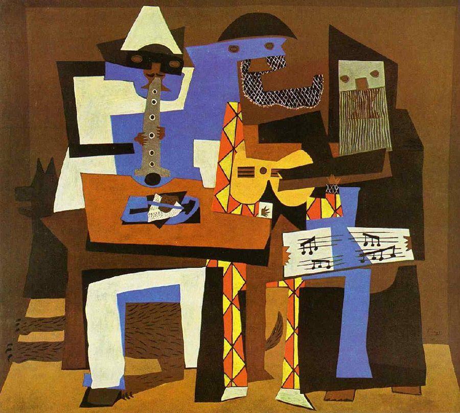 Three Musicians, 1921 by Pablo Picasso A Harlequin, a Pierrot, and a monk, who are generally believed to represent Picasso,
