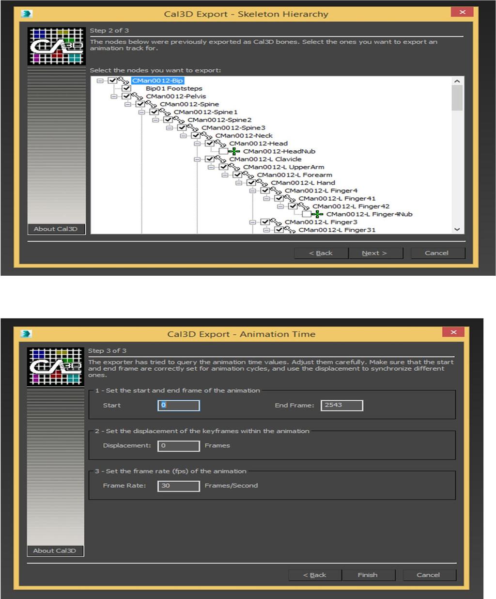 8) Next select Export > Cal3d Animation. By default it ll select the full animation range. If you want to export a partial animation enter the start frame and end frame.