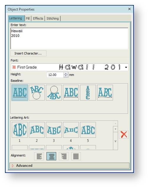 Create lettering CREATE LETTERING Use Lettering / Monogramming > Lettering to create embroidery lettering onscreen using native embroidery alphabets or TrueType fonts.
