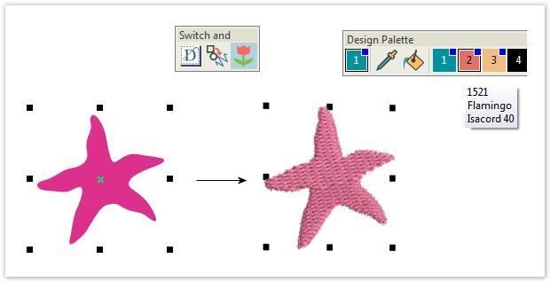 Add starfish Convert artwork to embroidery Use Switch and Convert > Convert Artwork to Embroidery to convert selected vector or bitmap artwork to fill or outline stitches.