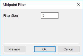 Midpoint Filter Image Filters Midpoint Filter Applies a midpoint filter to an image. In the midpoint method, the color value of each pixel is replaced with the average of maximum and minimum (i.e. the midpoint) of color values of the pixels in a surrounding region.