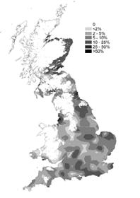 Figure 2.3 Maps showing the percentage of farmed land under each of four agricultural habitat types in early, mid and late winter.
