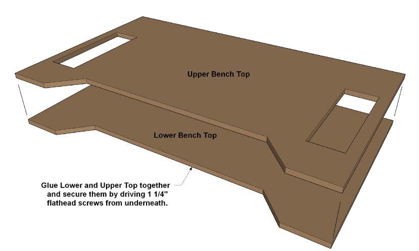 Step 7: Now you can join the Upper Bench Top to the Lower Bench Top. Spread wood glue on the underside of the Upper Bench Top, and then lay the Lower Bench Top in position.