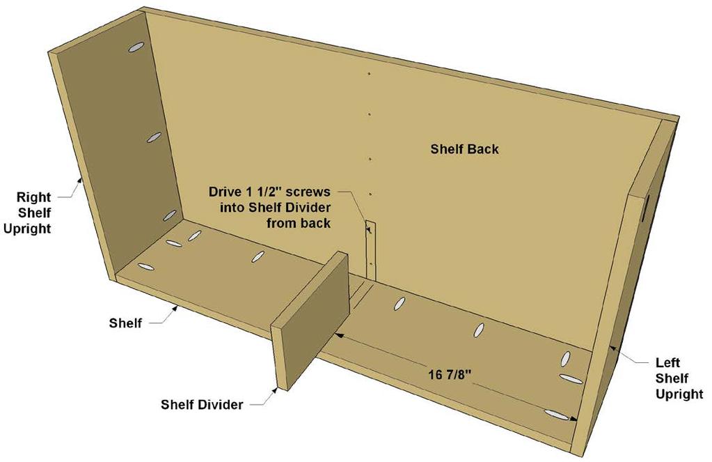 Step 12: Attach one Shelf to the Shelf Uprights and the Shelf Back, as shown. Spread glue along one long edge of a Shelf Upright.