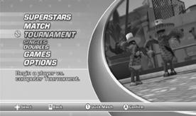 MATCH TOURNAMENT Match games may be organized for between 1 and 4 players, and can take place on any unlocked courts, using any unlocked players.