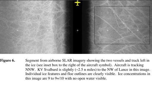 AIRBORNE SLAR IMAGE NORWEGIAN BARENTS SEA 2009 4 hours after end of discharge 44 bbl spil in 8-9/10 pack KV